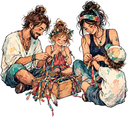 Eine Familie flicht zusammen bunte Bändchen