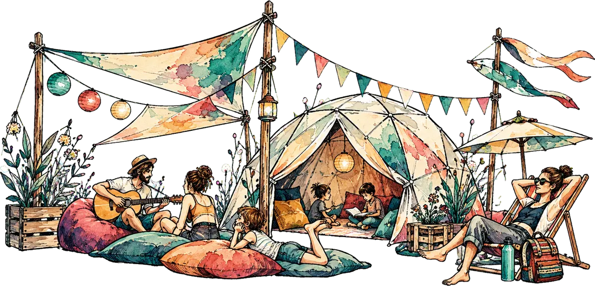 Das Gelände im Überblick mit Camping, Bühne und Wald