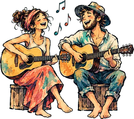 Zwei Erwachsene spielen Gitarre und singen, ein Kind hört zu